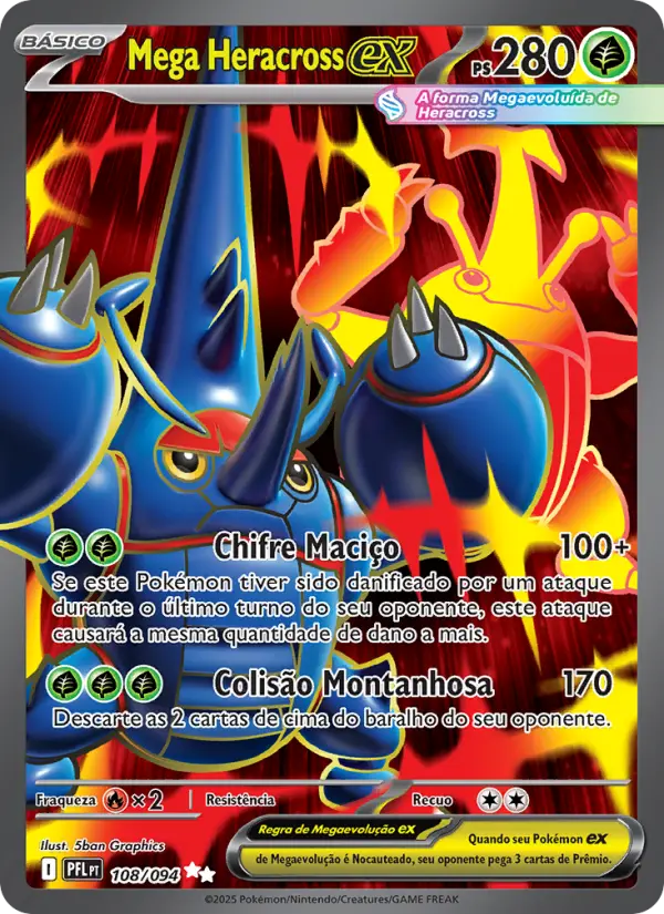 Carta Mega Heracross ex, número 108/94 da coleção Fogo Fantasmagórico