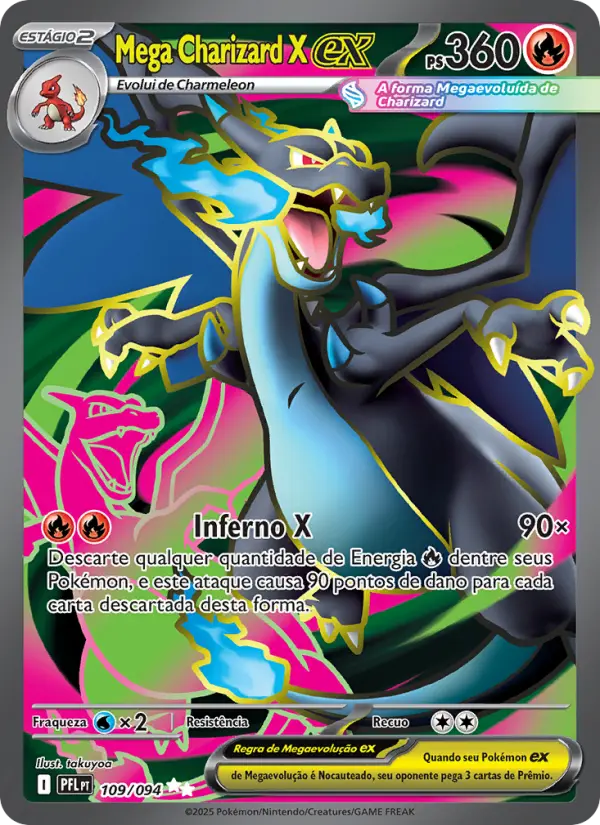 Carta Mega Charizard X ex, número 109/94 da coleção Fogo Fantasmagórico