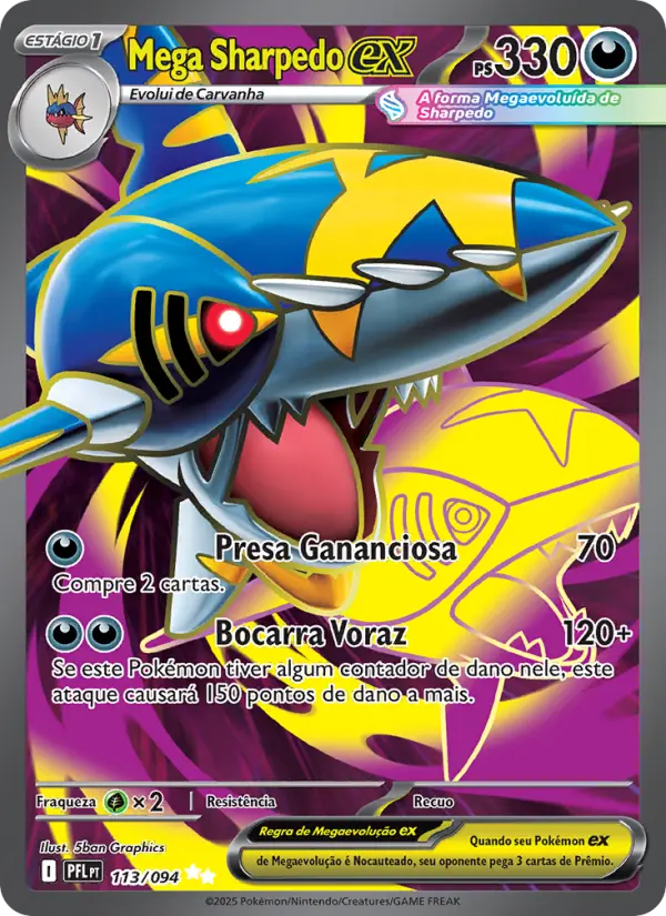 Carta Mega Sharpedo ex, número 113/94 da coleção Fogo Fantasmagórico