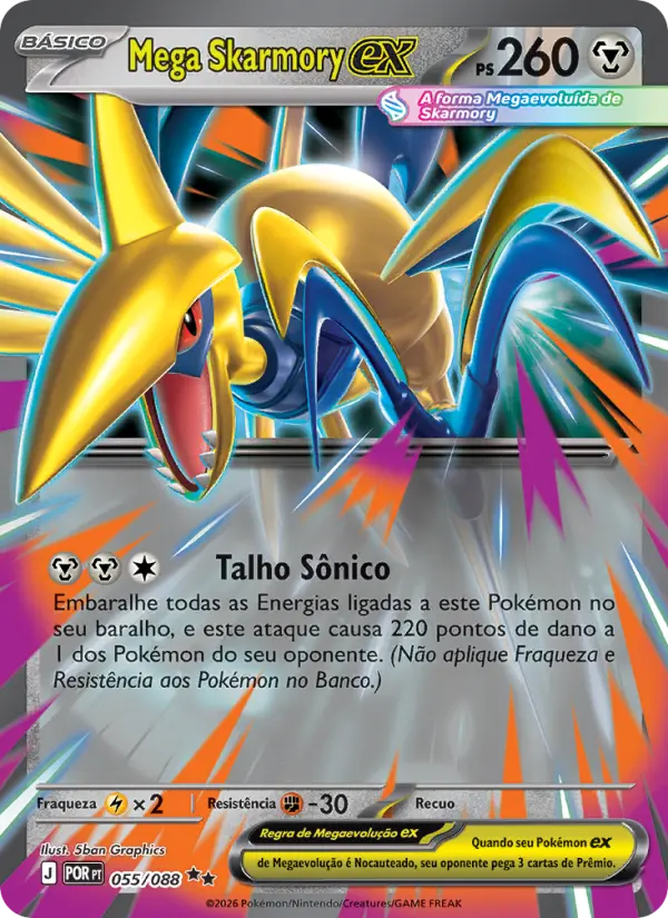 Carta Mega Skarmory ex, número 055/88 da coleção Equilíbrio Perfeito