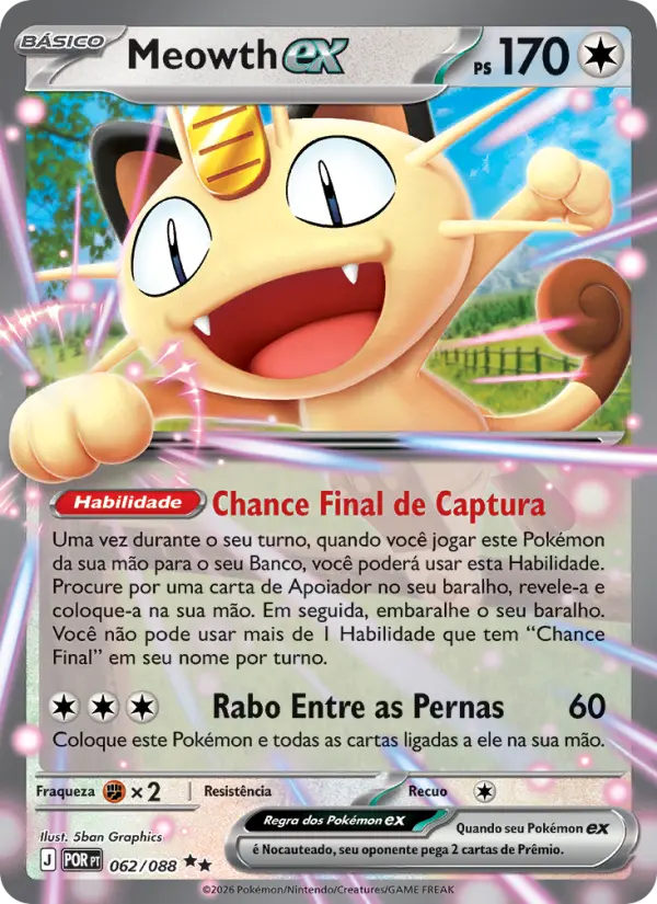 Carta Meowth ex, número 062/88 da coleção Equilíbrio Perfeito