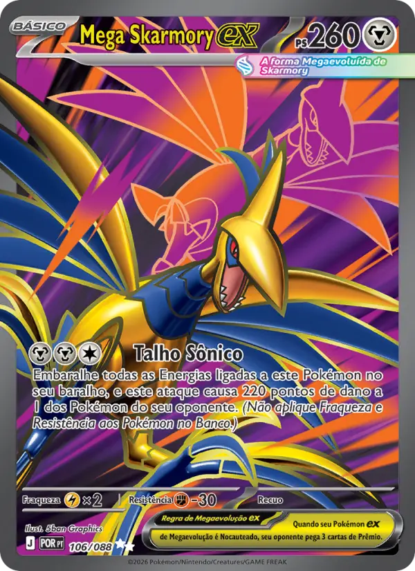 Carta Mega Skarmory ex, número 106/88 da coleção Equilíbrio Perfeito