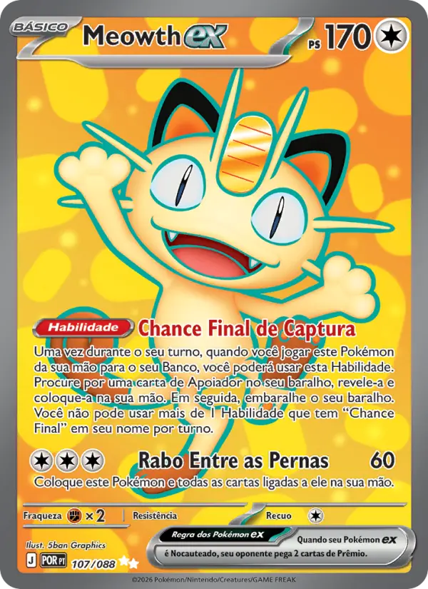 Carta Meowth ex, número 107/88 da coleção Equilíbrio Perfeito