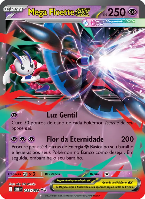 Carta Mega Floette ex, número 035/86 da coleção Caos Ascendente