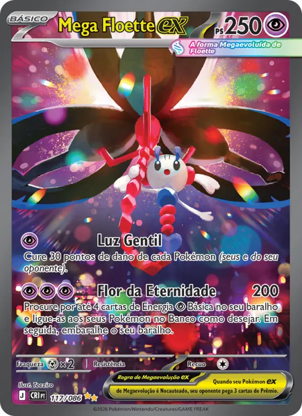 Carta Mega Floette ex, número 117/86 da coleção Caos Ascendente