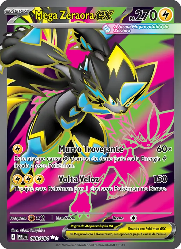 Carta Mega Zeraora ex, número 098/84 da coleção Escuridão Absoluta