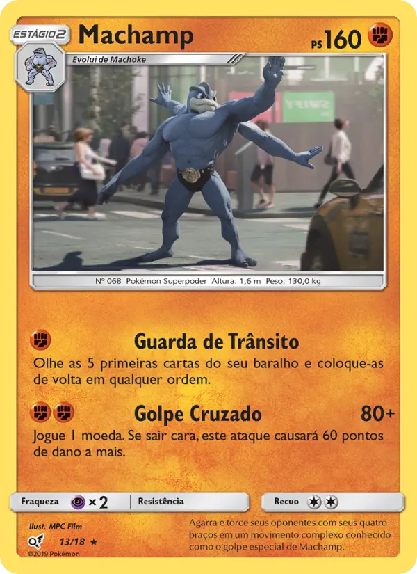 Carta Machamp, número 13/18 da coleção Detetive Pikachu