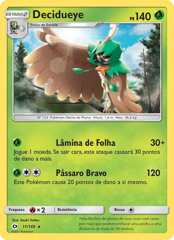 Carta Decidueye, número 11/149 da coleção Sol e Lua