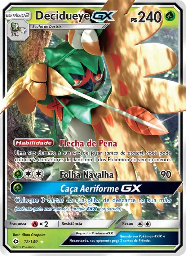 Carta Decidueye GX, número 12/149 da coleção Sol e Lua