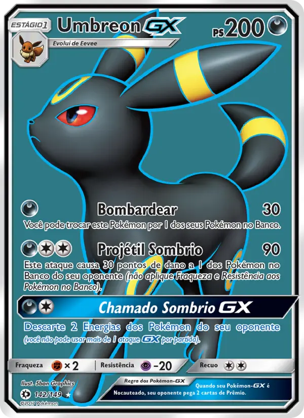 Carta Umbreon GX, número 142/149 da coleção Sol e Lua