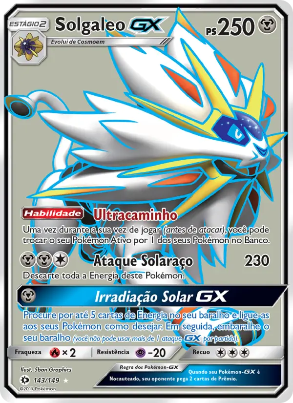 Carta Solgaleo GX, número 143/149 da coleção Sol e Lua