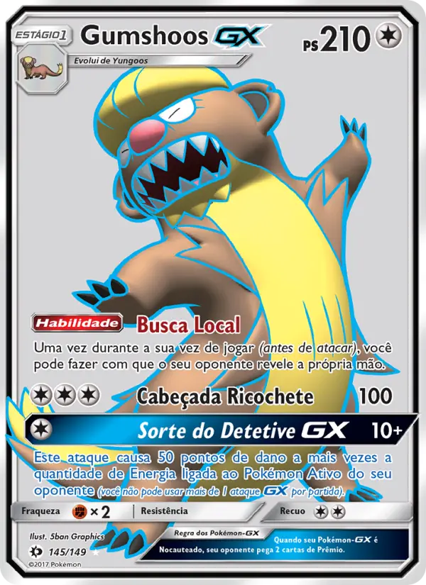 Carta Gumshoos GX, número 145/149 da coleção Sol e Lua