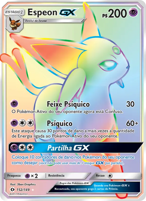 Carta Espeon GX, número 152/149 da coleção Sol e Lua