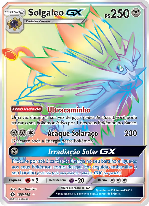 Carta Solgaleo GX, número 155/149 da coleção Sol e Lua