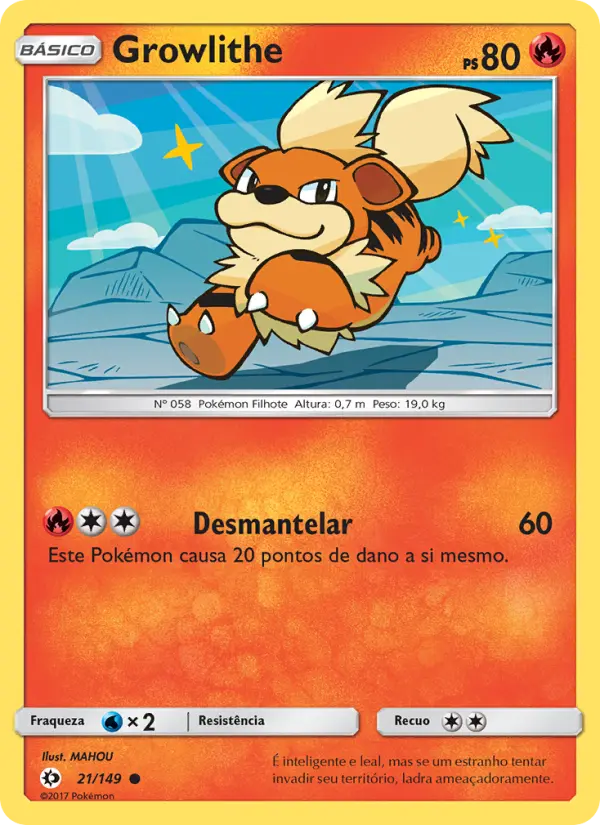 Carta Growlithe, número 21/149 da coleção Sol e Lua