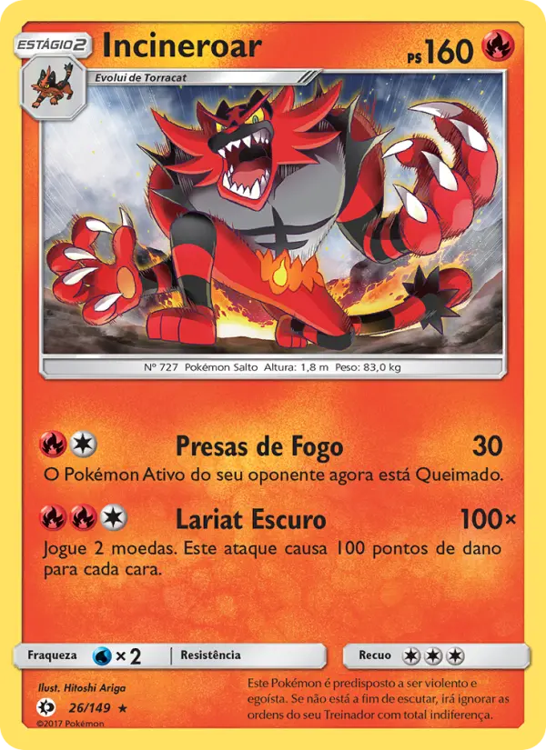 Carta Incineroar, número 26/149 da coleção Sol e Lua