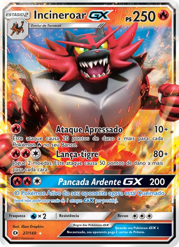 Carta Incineroar GX, número 27/149 da coleção Sol e Lua