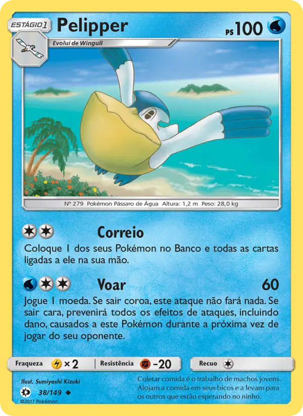 Carta Pelipper, número 38/149 da coleção Sol e Lua