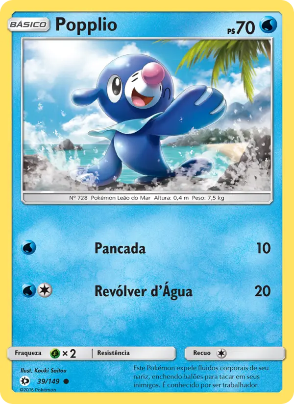 Carta Popplio, número 39/149 da coleção Sol e Lua