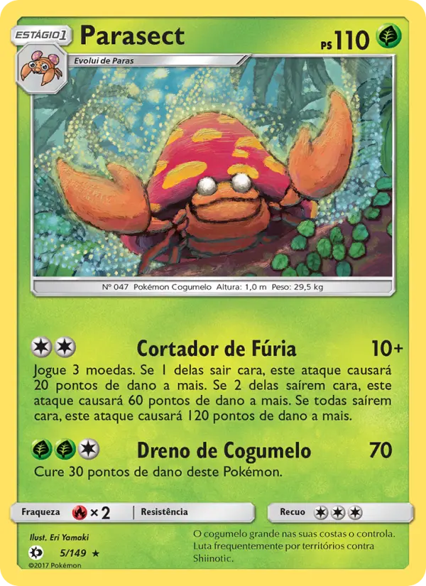 Carta Parasect, número 5/149 da coleção Sol e Lua