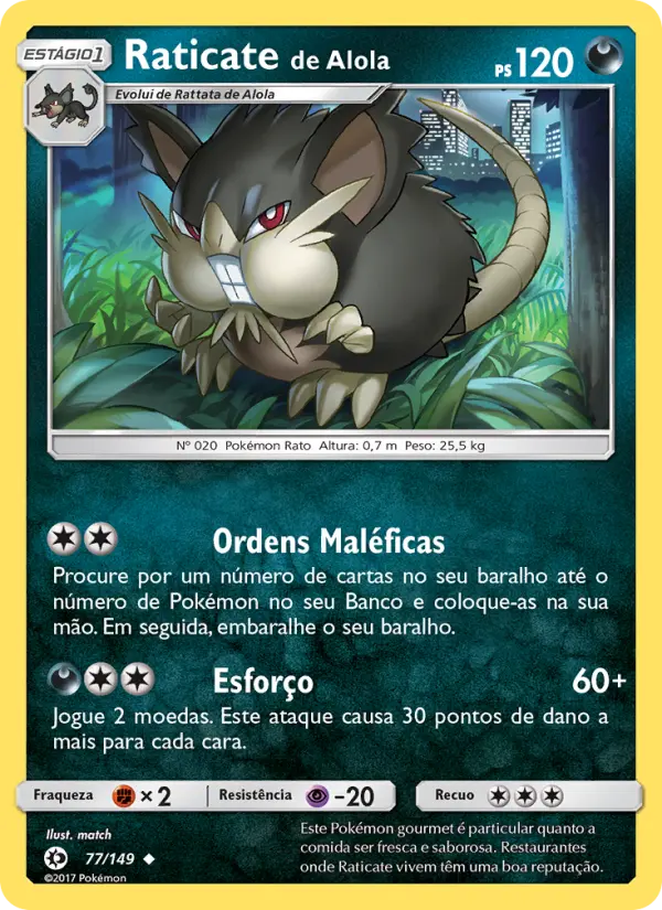 Carta Raticate de Alola, número 77/149 da coleção Sol e Lua