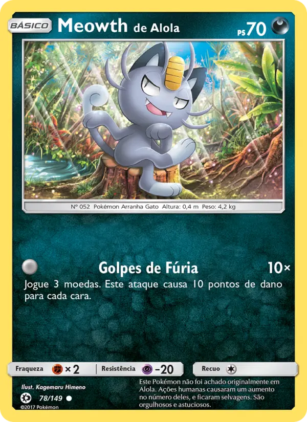 Carta Meowth de Alola, número 78/149 da coleção Sol e Lua