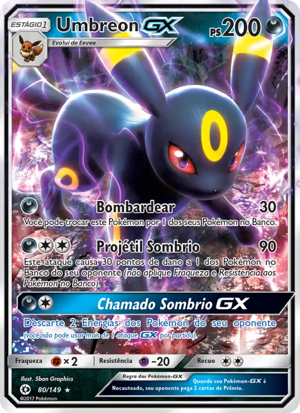 Carta Umbreon GX, número 80/149 da coleção Sol e Lua