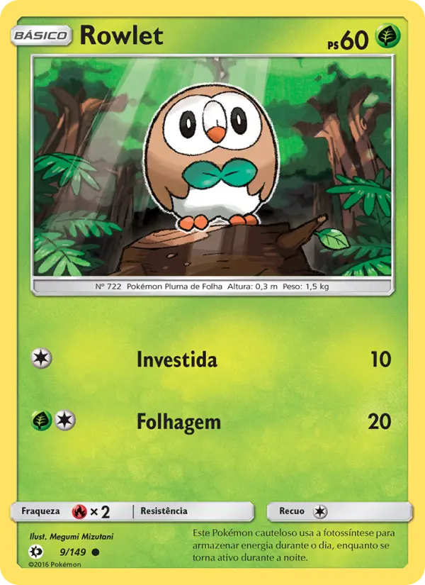 Carta Rowlet, número 9/149 da coleção Sol e Lua
