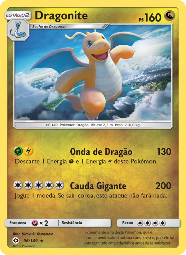 Carta Dragonite, número 96/149 da coleção Sol e Lua