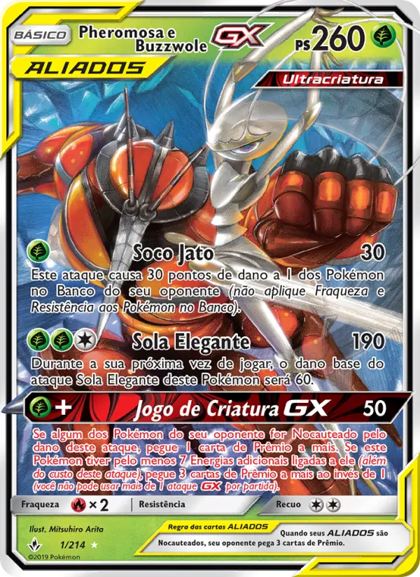 Carta Pheromosa e Buzzwole GX, número 1/214 da coleção Elos Inquebráveis