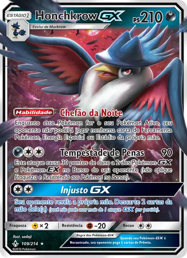 Carta Honchkrow GX, número 109/214 da coleção Elos Inquebráveis
