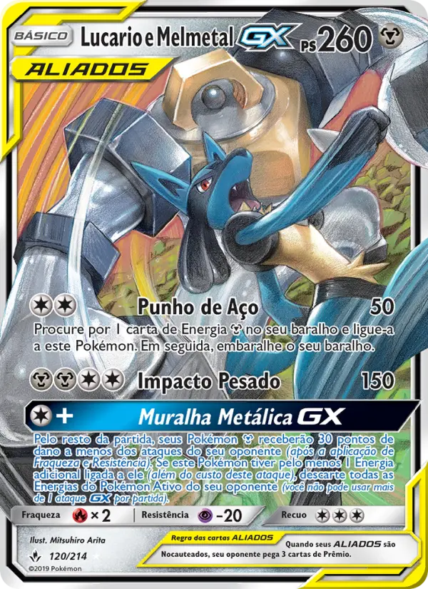 Carta Lucario e Melmetal GX, número 120/214 da coleção Elos Inquebráveis