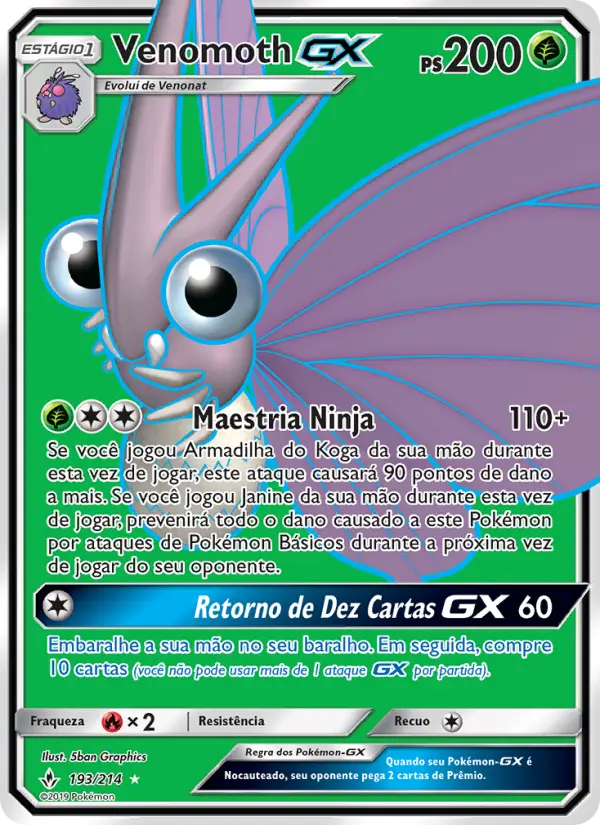 Carta Venomoth GX, número 193/214 da coleção Elos Inquebráveis