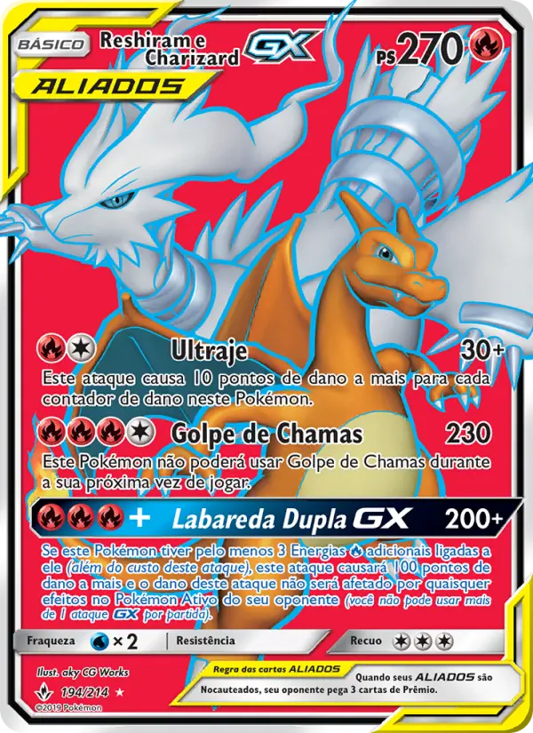Carta Reshiram e Charizard GX, número 194/214 da coleção Elos Inquebráveis