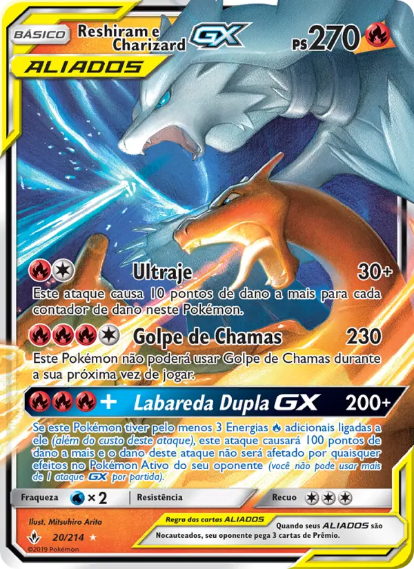 Carta Reshiram e Charizard GX, número 20/214 da coleção Elos Inquebráveis