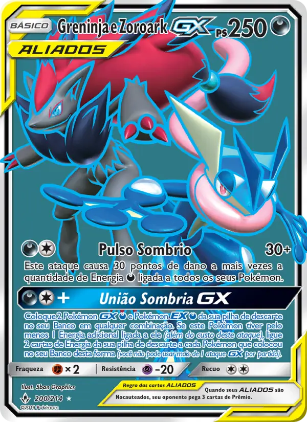 Carta Greninja e Zoroark GX, número 200/214 da coleção Elos Inquebráveis