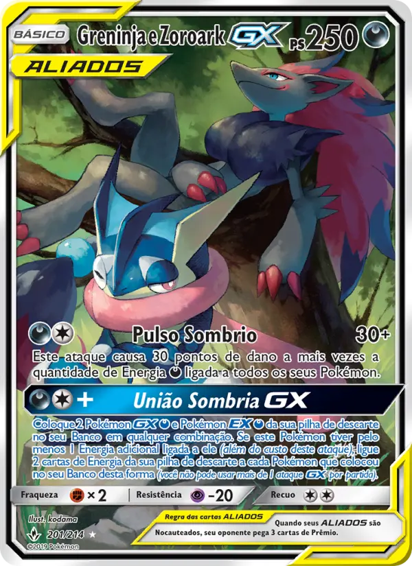 Carta Greninja e Zoroark GX, número 201/214 da coleção Elos Inquebráveis