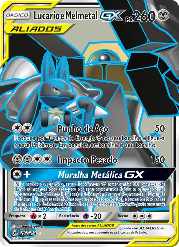 Carta Lucario e Melmetal GX, número 203/214 da coleção Elos Inquebráveis