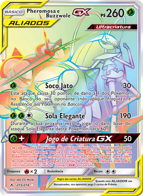 Carta Pheromosa e Buzzwole GX, número 215/214 da coleção Elos Inquebráveis