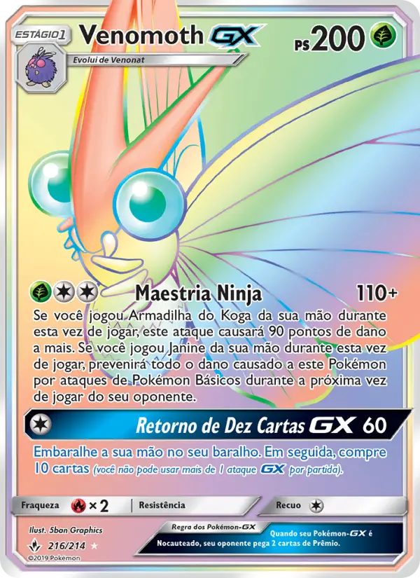 Carta Venomoth GX, número 216/214 da coleção Elos Inquebráveis