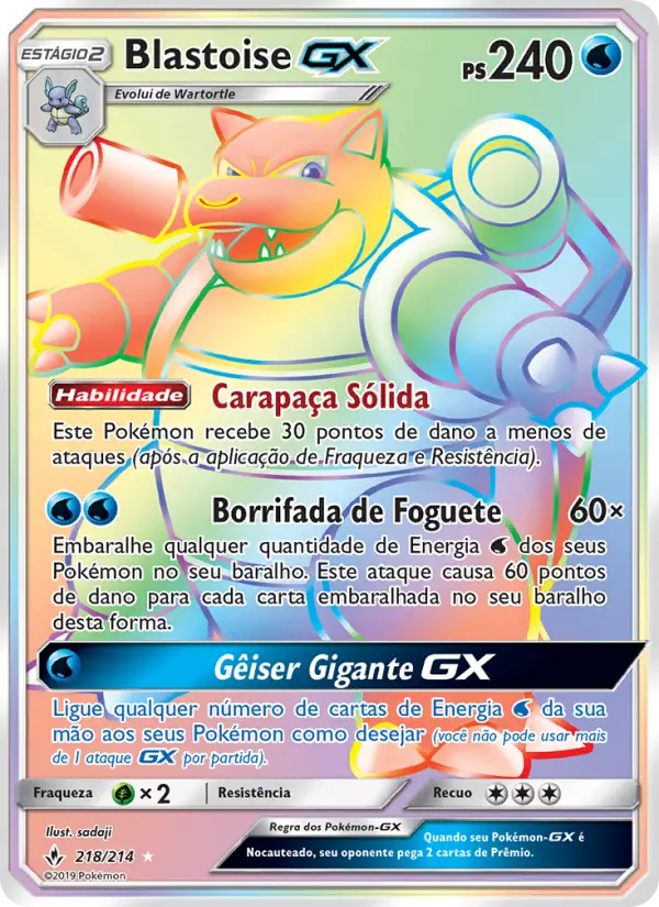 Carta Blastoise GX, número 218/214 da coleção Elos Inquebráveis