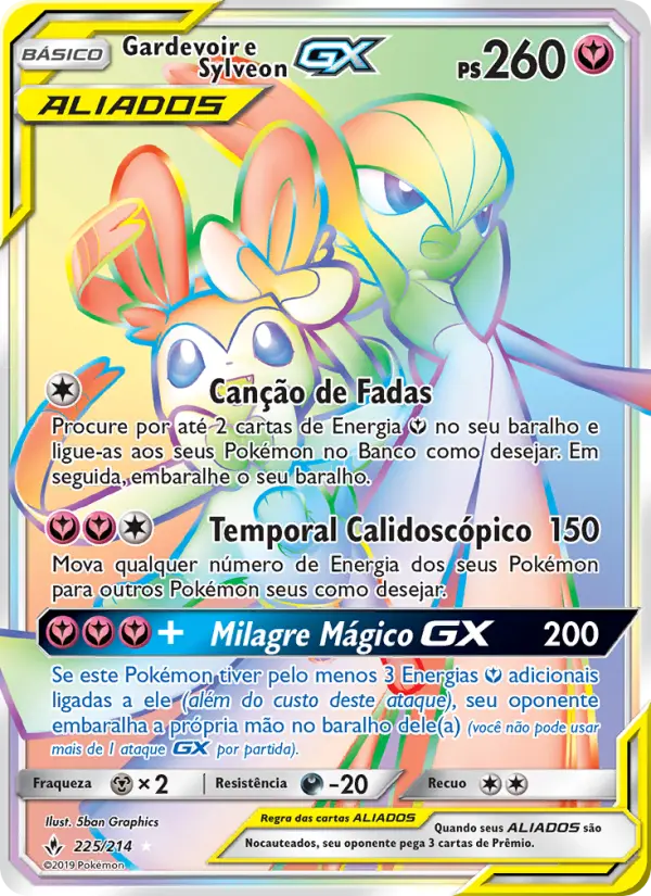 Carta Gardevoir e Sylveon GX, número 225/214 da coleção Elos Inquebráveis