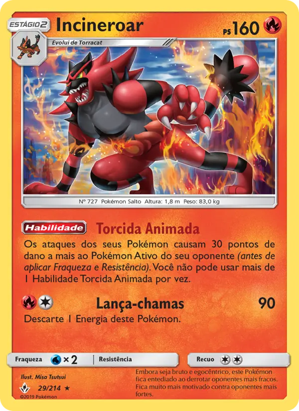 Carta Incineroar, número 29/214 da coleção Elos Inquebráveis