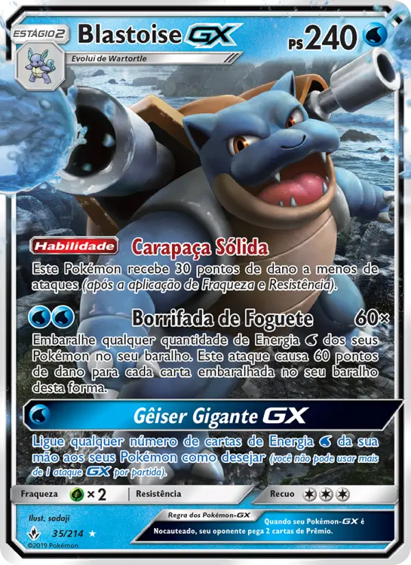 Carta Blastoise GX, número 35/214 da coleção Elos Inquebráveis
