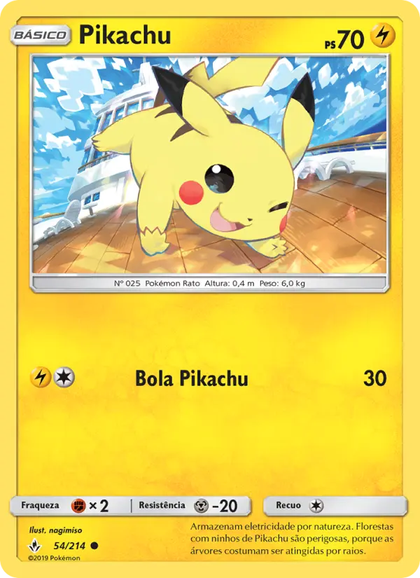 Carta Pikachu, número 54/214 da coleção Elos Inquebráveis