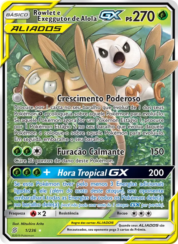 Carta Rowlet e Exeggutor de Alola GX, número 1/236 da coleção Sintonia Mental