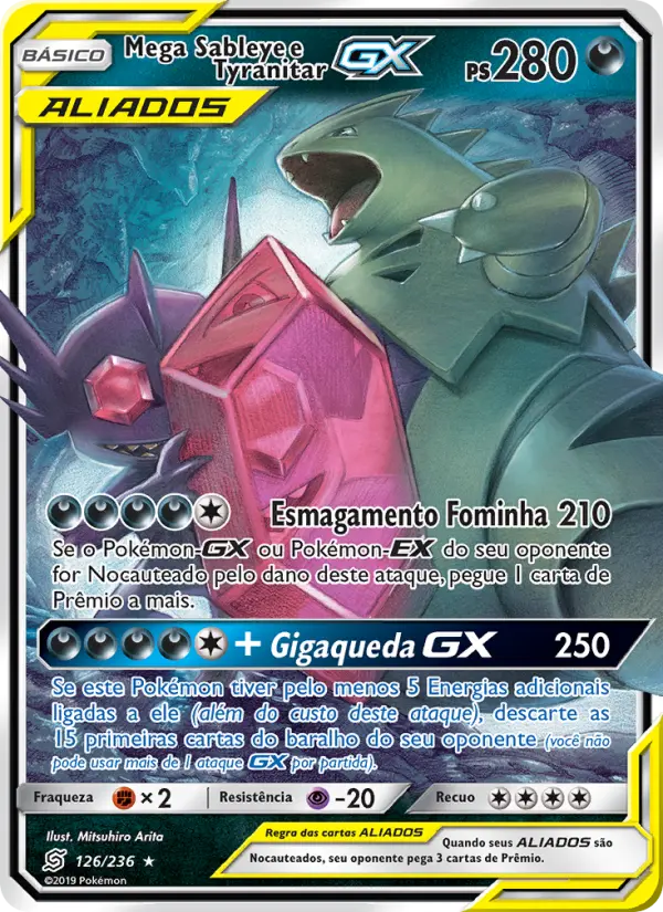 Carta Mega Sableye e Tyranitar GX, número 126/236 da coleção Sintonia Mental