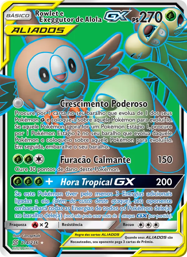 Carta Rowlet e Exeggutor de Alola GX, número 214/236 da coleção Sintonia Mental