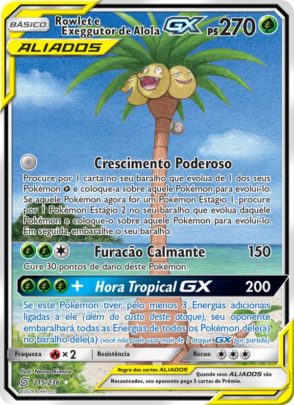 Carta Rowlet e Exeggutor de Alola GX, número 215/236 da coleção Sintonia Mental