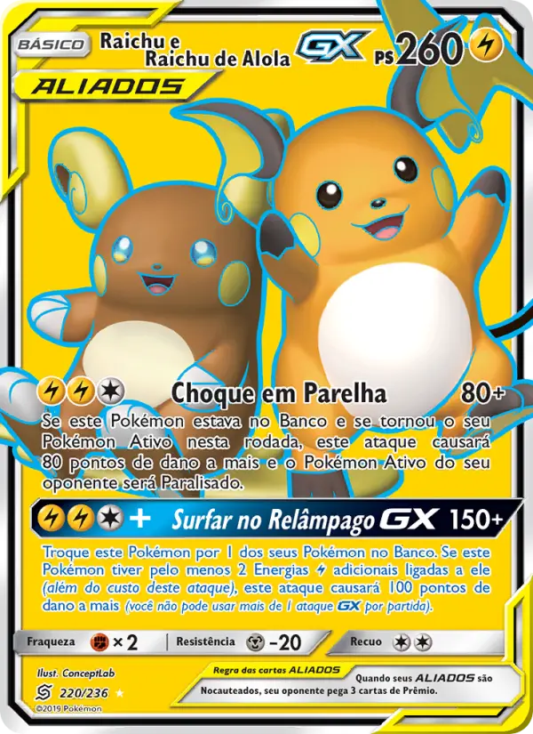 Carta Raichu e Raichu de Alola GX, número 220/236 da coleção Sintonia Mental 